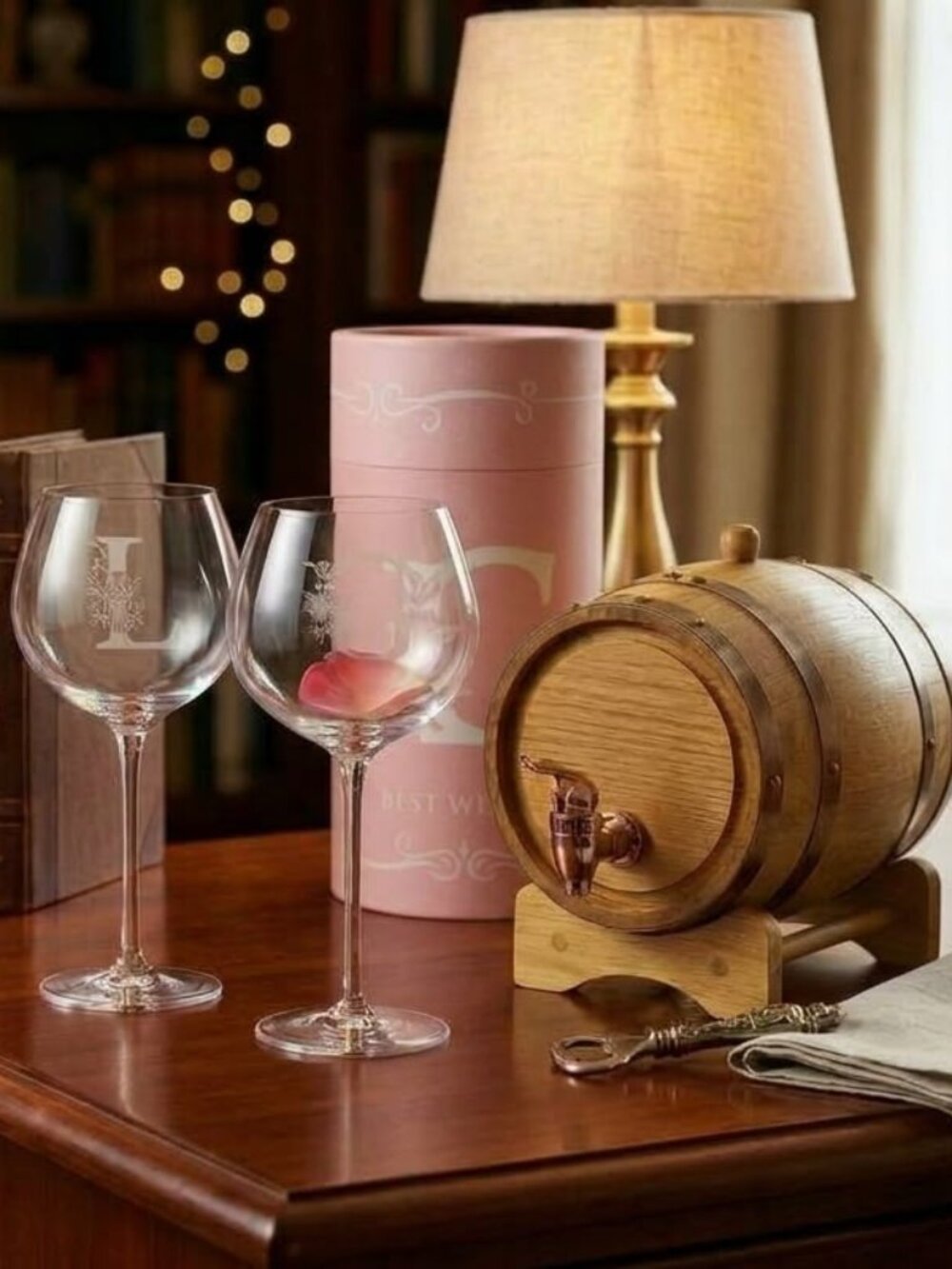 BUNDLE: Pink Monogram "G" & "L" Cylinder Gift Boxes w/Wine Glass 2 PCS (W/BARREL